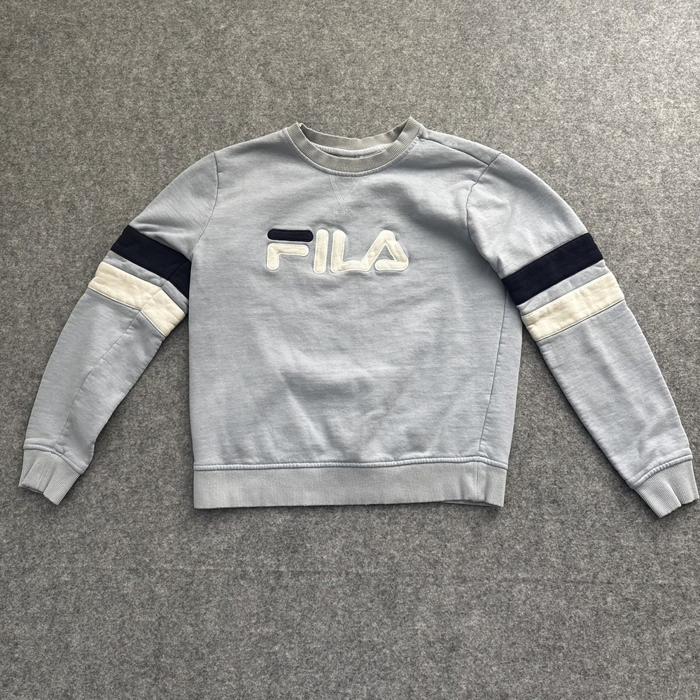 Fila Sweatshirt Womens Small Light Blue Fleece Lined Crew Neck V Stitch Ribbed